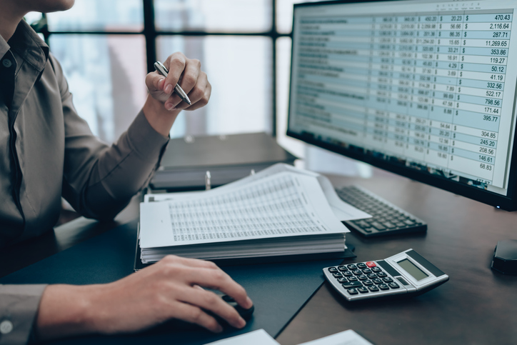 Business professional reviewing financial data on a computer