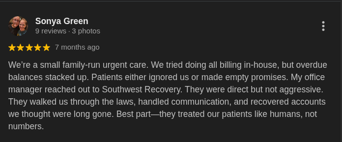 Screenshot of a 5-star Google review from Sonya Green praising Southwest Recovery Services.