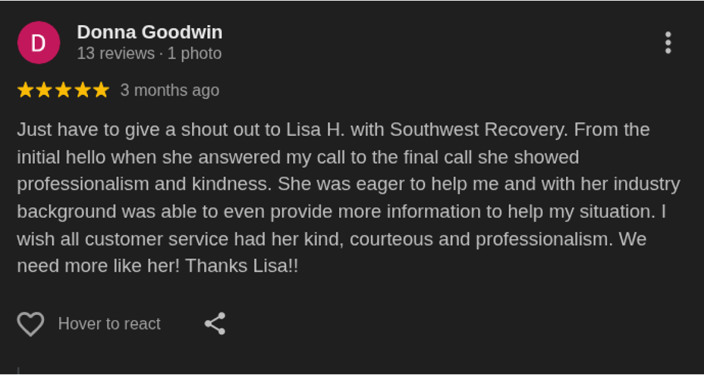 Screenshot of a 5-star Google review from Donna Goodwin praising a Southwest Recovery Services representative for professionalism, kindness, and helpful customer service.