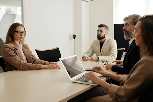 Professional business consultation meeting in a modern office setting.